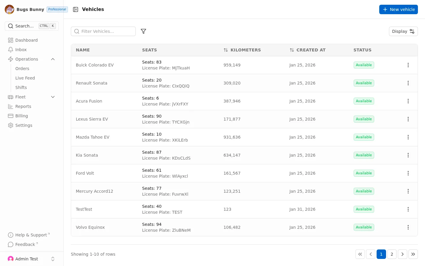 Vehicles list