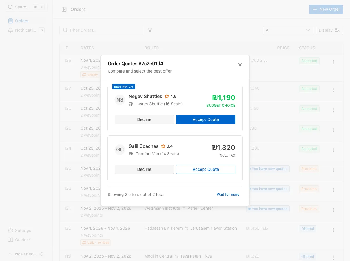 The Order Quotes window with two offers, each with a price, a rating and an Accept Quote button