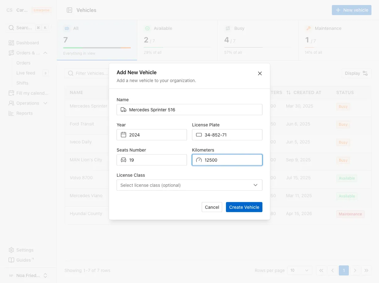 The Add New Vehicle dialog filled in with name, year, license plate, seats and kilometers